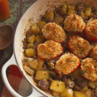Sausage and Bacon Hash with Baked Tomatoes
