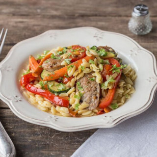 Sausage & Warm Orzo Salad with Zucchini, Bell Pepper, and Tomatoes