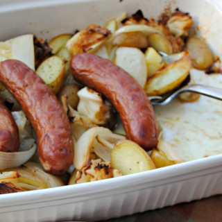 Sausage, onions, potatoes, and cabbage