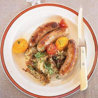 Sausages With Warm Tomatoes and Hash Browns