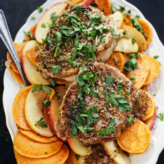 Sauteed Pork Chops with Sweet Potato, Apples and Mustard Sauce