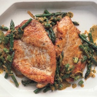 Saute&eacute;d Chicken Cutlets with Asparagus, Spring Onions, and Parsley-T