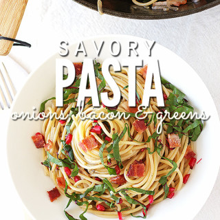 Savory Pasta with Onions, Bacon and Summer Greens