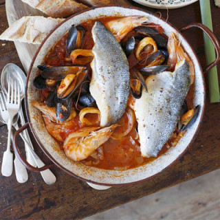 Sea bass and seafood Italian one-pot