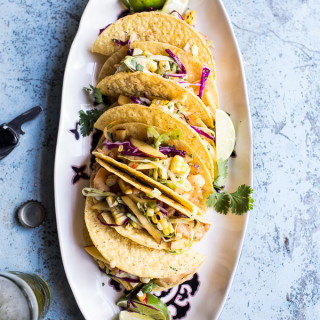 Seafood Tacos with Lime-Green Chile Sauce + Grilled Corn Slaw.