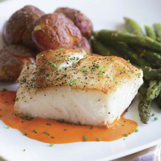 Sear-Roasted Halibut with Roasted Red Pepper Purée