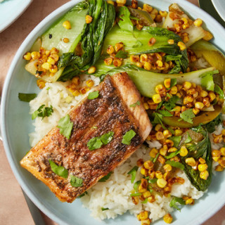 Seared Barramundi and Ginger Ricewith Bok Choy and Lime Soy Sauce