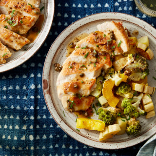 Seared Chicken &amp; Roasted Fall Vegetables with Caper-Butter Pan Sauce