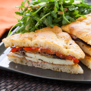 Seared Halloumi Sandwiches on Focacciawith Roasted Vegetables and Fuji Appl