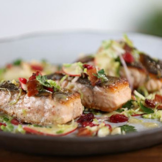 Seared Salmon and Brussels Sprout-Apple Salad with Bacon and Maple-Thyme Vi