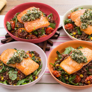 Seared Salmon and Salsa Verdewith Summer Vegetable and Quinoa Salad