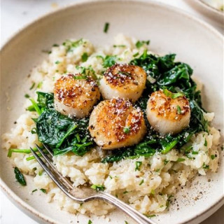 Seared Scallops over Wilted Spinach and Parmesan Risotto