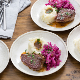 Seared Steaks and Mashed Potatoeswith Braised Red Cabbage and Apples
