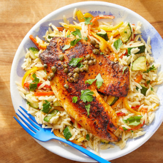 Seared Tilapia &amp; Lemon-Caper Sauce with Orzo, Zucchini &amp; Peppers