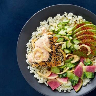 Sesame-Crusted Yellowtail Rice Bowls with Avocado, Crispy Onions &amp; Spic
