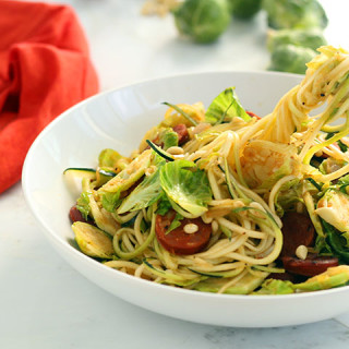 Shaved Brussel Sprout and Chorizo Zucchini Pasta with Toasted Pine Nuts