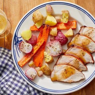 Sheet Pan BBQ Pork with Roasted Vegetables &amp; Maple-Mustard Sauce