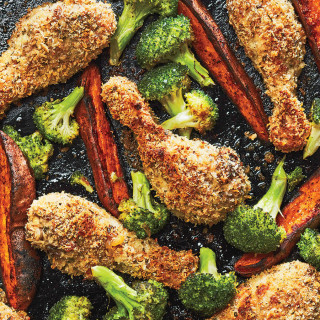 Sheet Pan Parmesan &quot;Fried&quot; Chicken with Broccoli and Sweet Potato