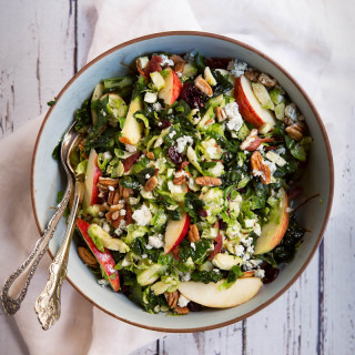 Shredded Brussels Sprouts and Kale Salad with Apple, Gorgonzola and Candied