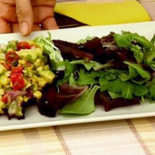 Shrimp and Mango Adobado Salad with Roasted Corn and Avocado Salsa