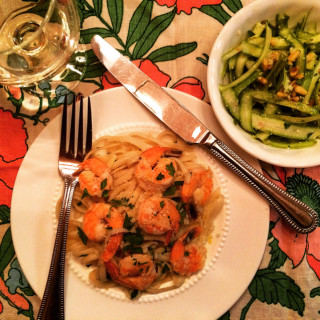 Shrimp Scampi Linguine with Shaved Asparagus Salad