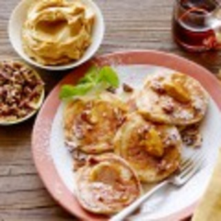 Silver Dollar Buttermilk-Pecan Pancakes with Bourbon Molasses Butter and Ma