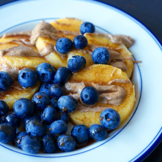 Simple Polenta Pancakes with Blueberries, Almond Butter & Cinnamon Maple Sy