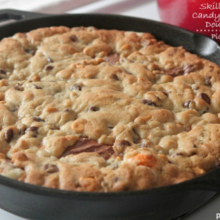 Skillet Baked Candy Bar Stuffed Double Cookie
