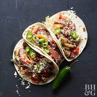 Skirt Steak Tacos with Rajas (Creamy Poblanos and Onions)