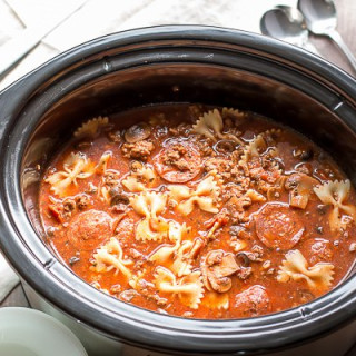 Slow Cooker Pizza and Pasta Soup {Freezer Meal Friendly}