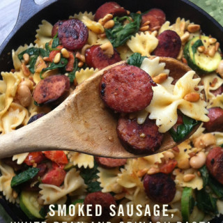 Smoked Sausage, White Bean and Spinach Pasta with Toasted Pine Nuts