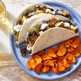 Smoky Brussels Sprouts &amp; Black Bean Tacos with Roasted Sweet Potatoes