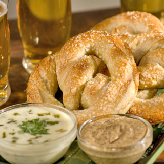 Soft Pretzels with Queso Poblano Sauce and Mustard Sauce