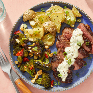 Southern-Spiced Steaks with Roasted Broccoli &amp; Creamy Mustard-Dressed P