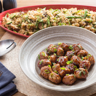 Soy-Ginger Pork Meatballswith Eight Ball Squash and Snow Pea Fried Rice