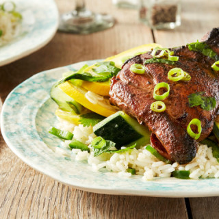 Soy-Marinated Chicken Thighs with Jalapeño Rice &amp; Summer Squash