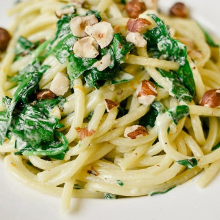 Spaghetti with Mascarpone, Meyer Lemon, Spinach, and Hazelnuts