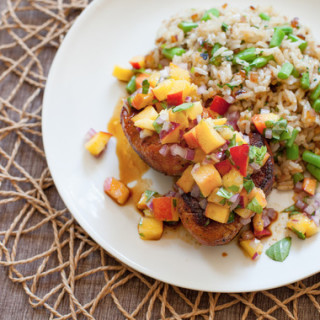 Spice-Rubbed Pork Medallions with Peach Salsa  and Cilantro-Green Bean Rice