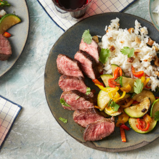Spice-Rubbed Steaks &amp; Basmati Rice with Summer Squash, Figs, &amp; Garl