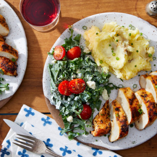 Spiced Chicken Breasts &amp; Mashed Potatoes with Blue Cheese-Kale Salad