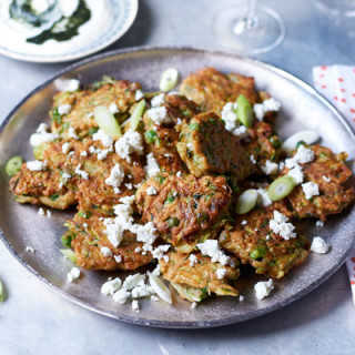 Spiced pea and courgette fritters with minty yogurt dip
