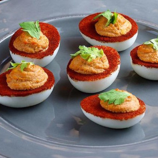 Spicy Bloody Mary Deviled Eggs