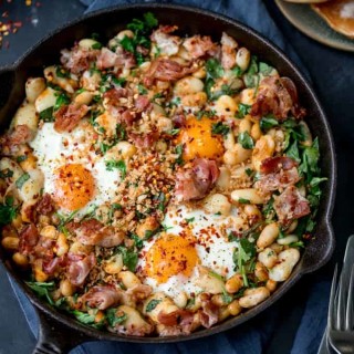 Spicy Egg Breakfast with Smashed Beans and Pancetta