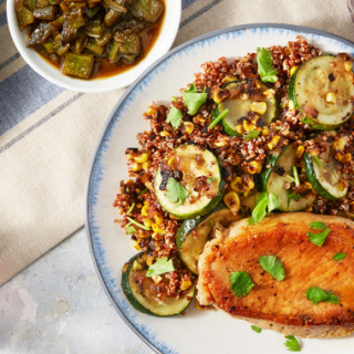 Spicy Green Chile Pork Chops with Summer Squash, Corn, &amp; Quinoa