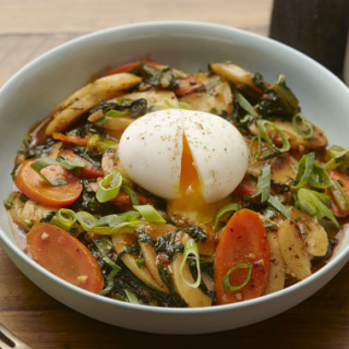 Spicy Korean Rice Cakeswith Yu Choy and Soft-Boiled Eggs