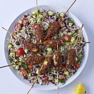 Spicy lamb and feta skewers with Greek brown rice salad
