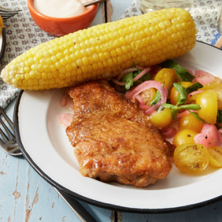 Spicy Pan-Fried Chickenwith Corn on the Cob and Tomato Salad