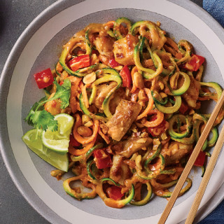 Spicy Peanut Chicken with Sweet Potatoes and Zoodles
