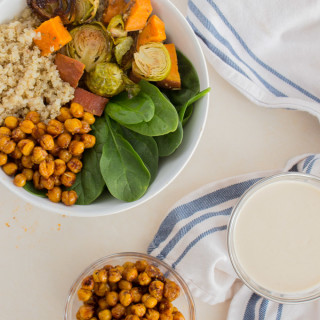 Spicy Sweet Roasted Chickpeas, Garlic Tahini Dressing, and Quinoa Power Bow