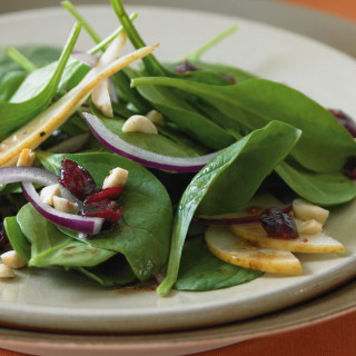 Spinach Salad with Bosc Pears, Cranberries, Red Onion and Toasted Hazelnuts
